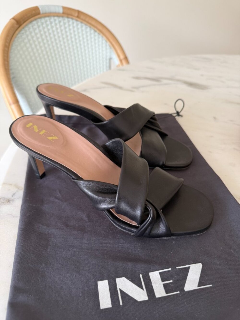 INEZ Black Leather Knotted Heeled Sandals 7.5 NW0T - Picture 3 of 3